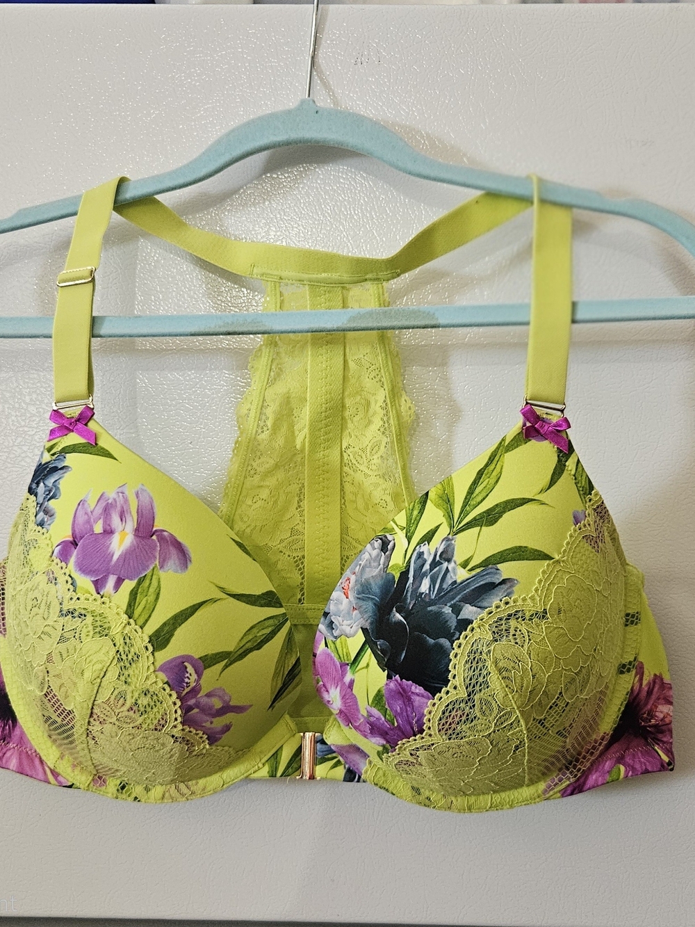 Cacique Floral Lace Racerback Push-Up Bra - Lime Green with Purple Accents 40dd
